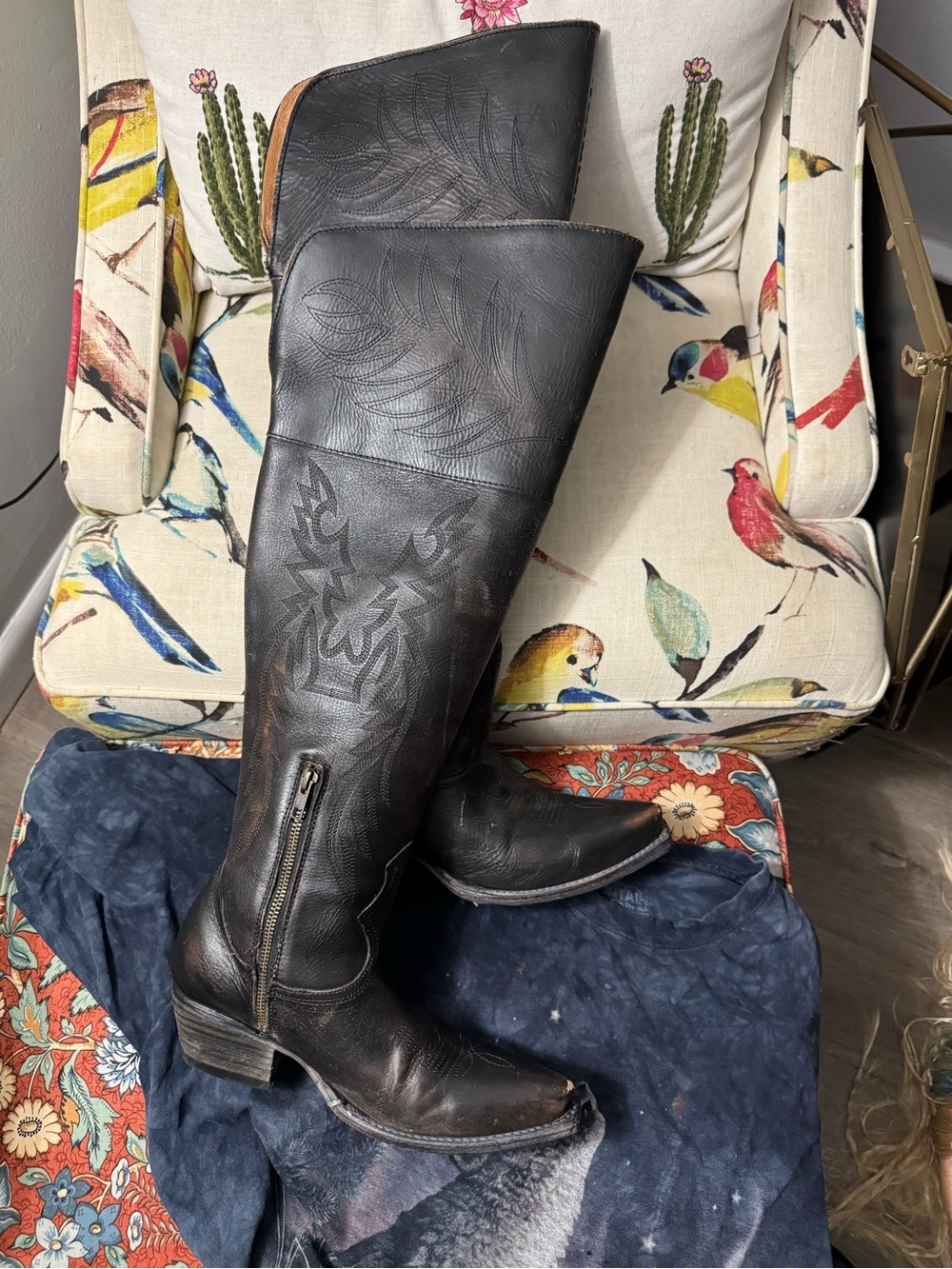 FREEBIRD over knee-Tall Embroidered Black Leather Riding Boots